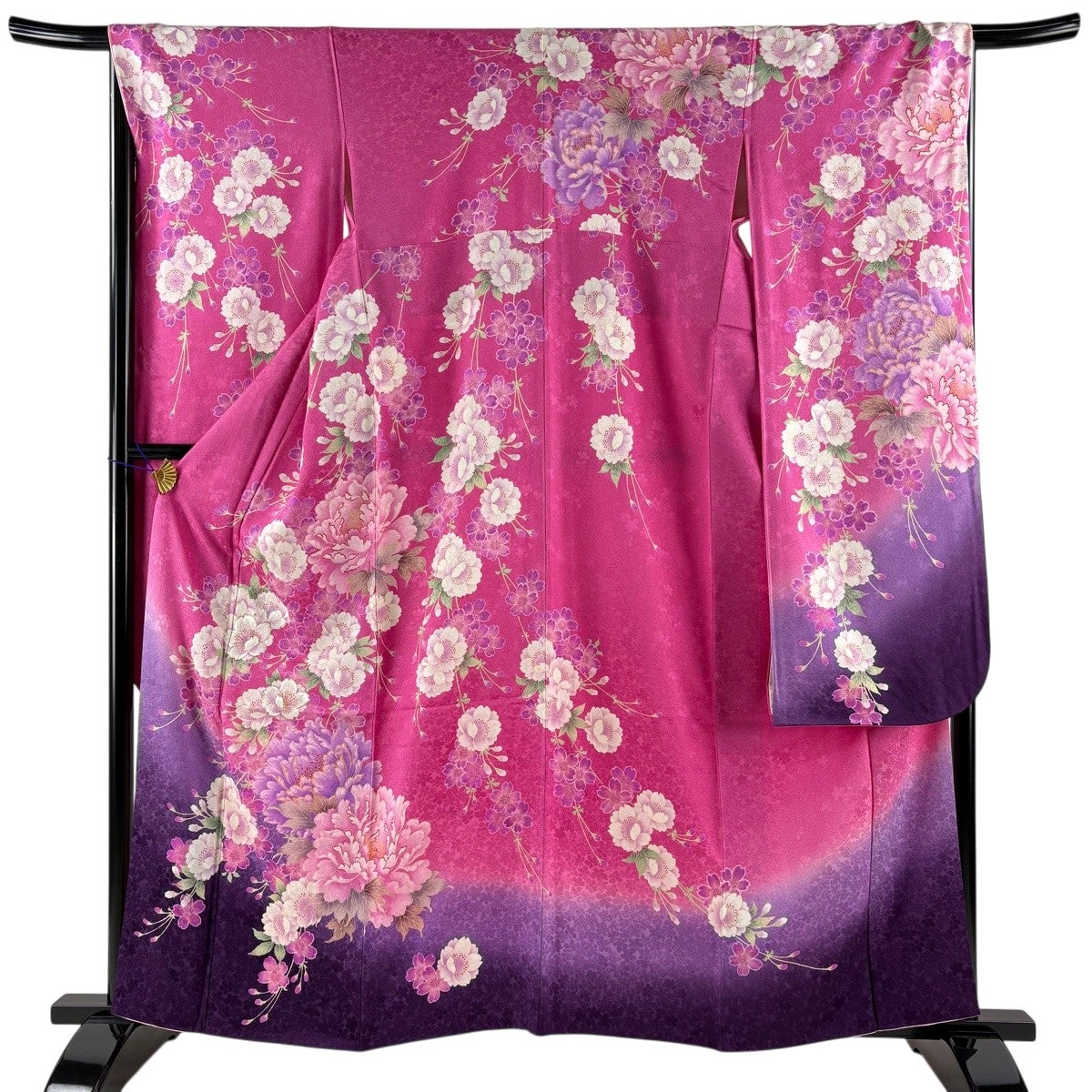 美品】 振袖 身丈160cm 裄丈66.5cm M 袷 牡丹 桜 刺繍 箔 濃ピンク