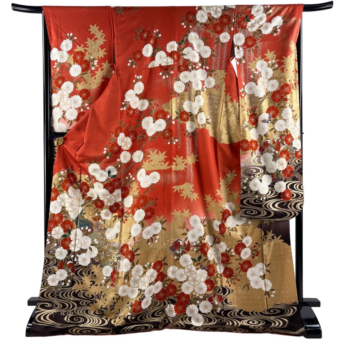 振袖 身丈174cm 裄丈66.5cm M 袷 孔雀 桜 金糸 金彩 朱色 正絹 名品
