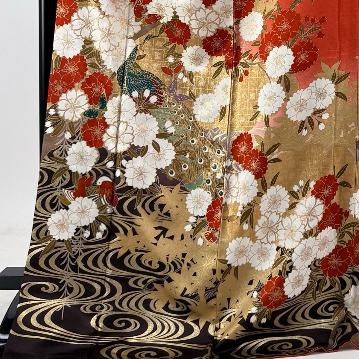 振袖 身丈174cm 裄丈66.5cm M 袷 孔雀 桜 金糸 金彩 朱色 正絹 名品