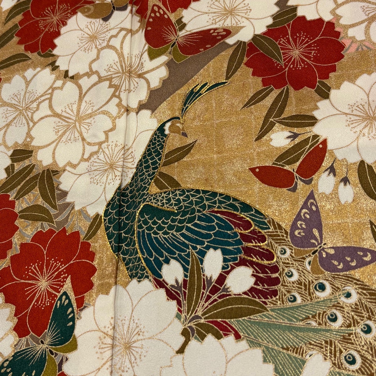 振袖 身丈174cm 裄丈66.5cm M 袷 孔雀 桜 金糸 金彩 朱色 正絹 名品