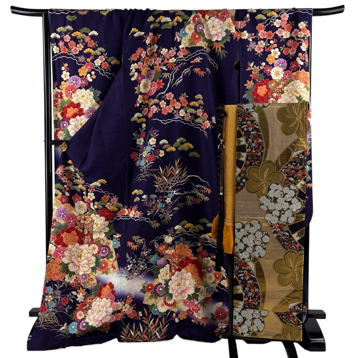 美品】 振袖 身丈176cm 裄丈70.5cm L 袷 袋帯フルセット 貝桶 草花