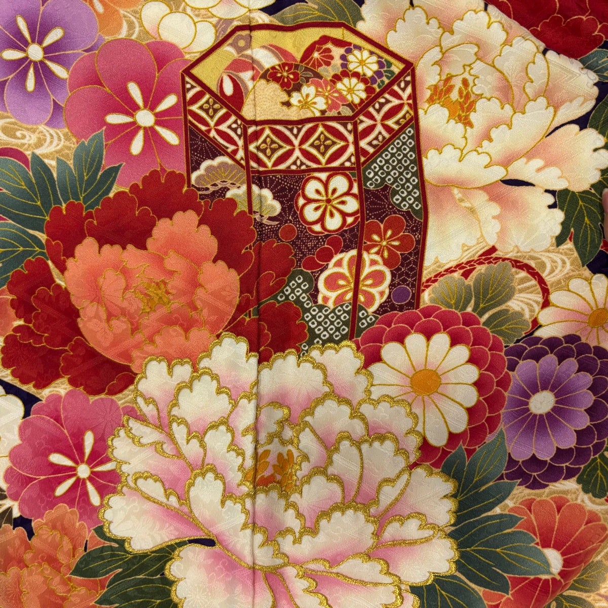 美品】 振袖 身丈176cm 裄丈70.5cm L 袷 袋帯フルセット 貝桶 草花