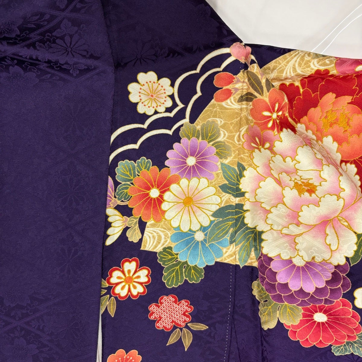 美品】 振袖 身丈176cm 裄丈70.5cm L 袷 袋帯フルセット 貝桶 草花