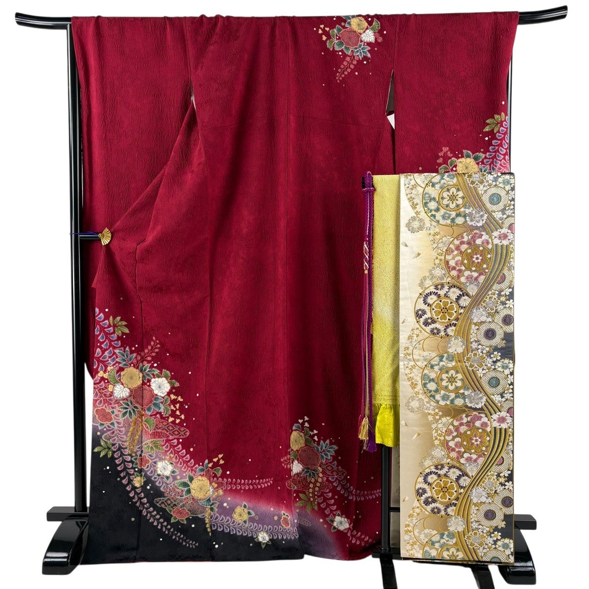振袖 身丈167cm 裄丈70cm L 袷 辻が花柄 霞 金彩 絞り 茜色 正絹 名品