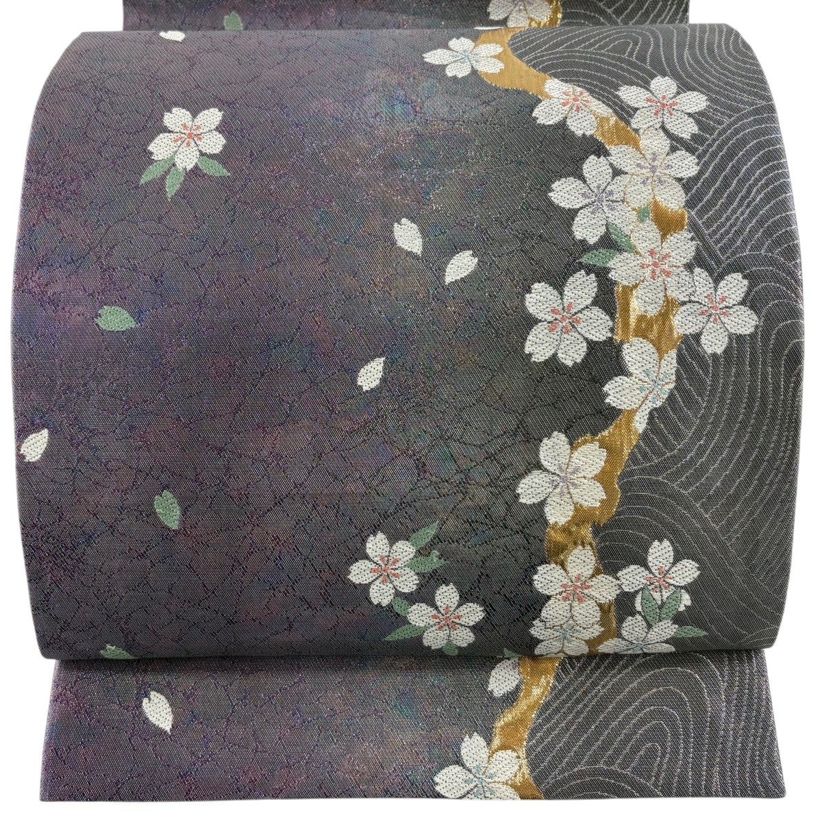 袋帯 名品 桜 花びら 箔 螺鈿 墨色 お太鼓柄 正絹｜中古・古着