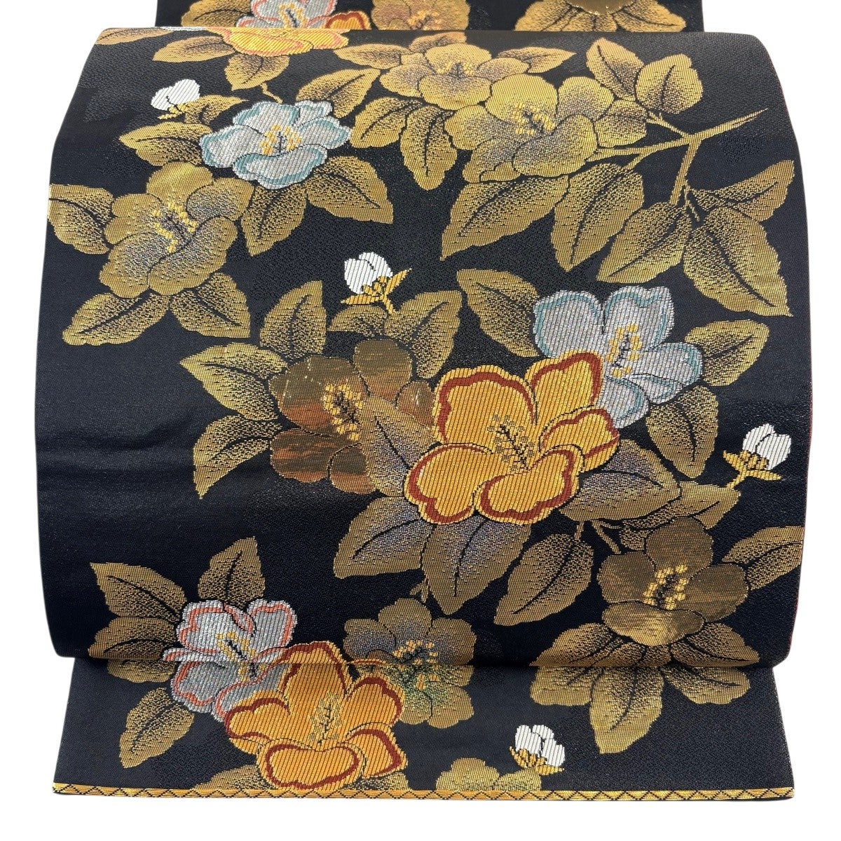 美品】 袋帯 名品 夏帯 絽 竹 草花 金銀糸 箔 黒 六通 正絹｜中古