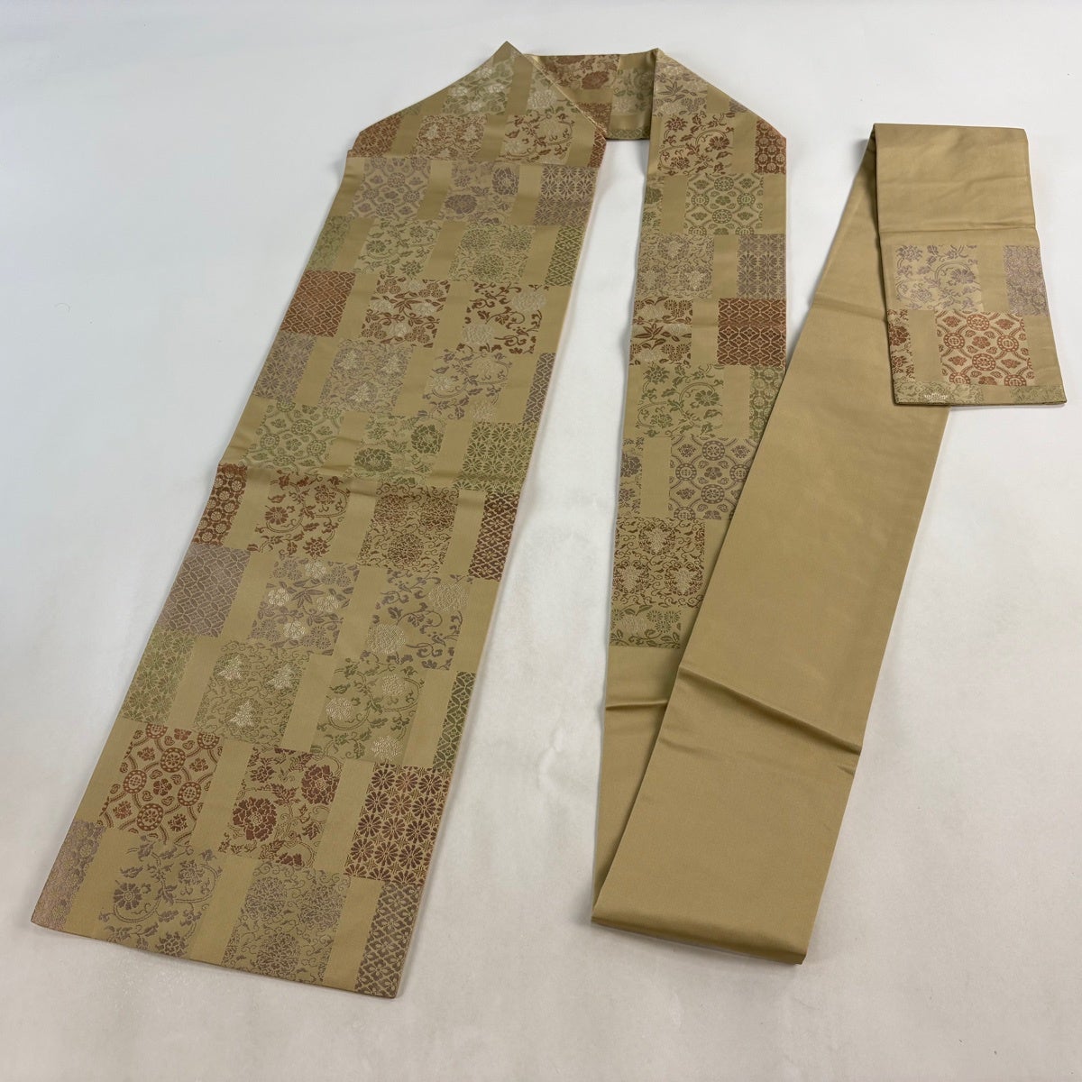 専用帯6691 ●高級 正絹 全通 名古屋仕立て 名古屋帯 七宝 宝尽くし 美品】 名古屋帯 優品 花唐草 七宝 灰茶 正絹｜中古・古着・リサイクル
