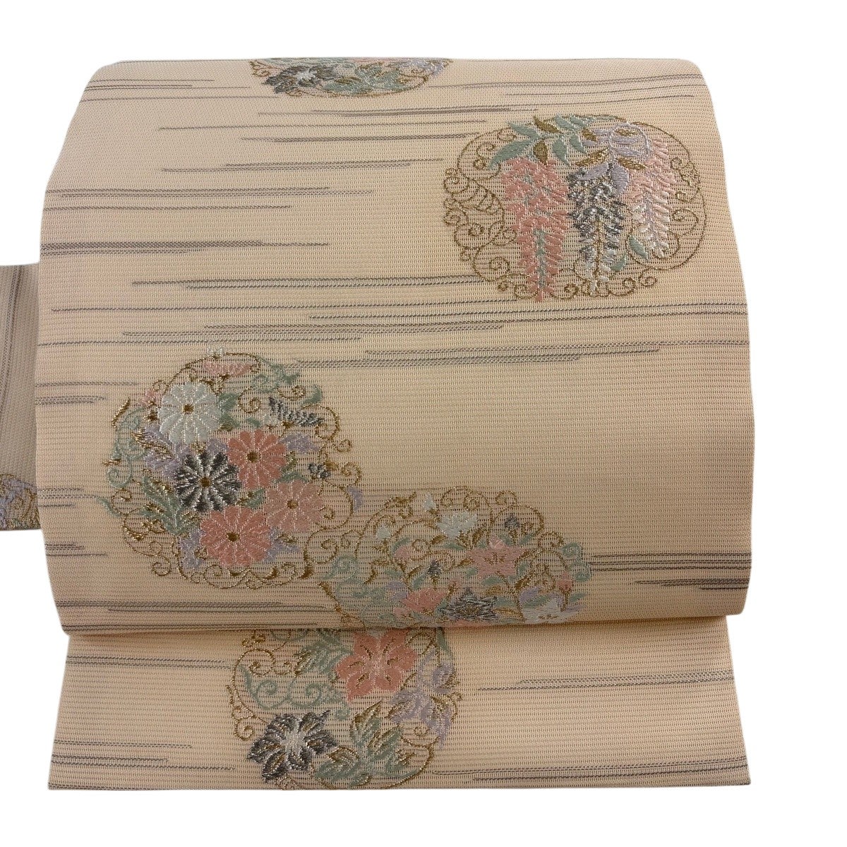 名古屋帯 秀品 夏帯 絽 草花 花唐草 金銀糸 箔 ピンクベージュ 正絹 名古屋帯 秀品 夏帯 絽 草花 花唐草 金銀糸 箔 ピンクベージュ 正絹