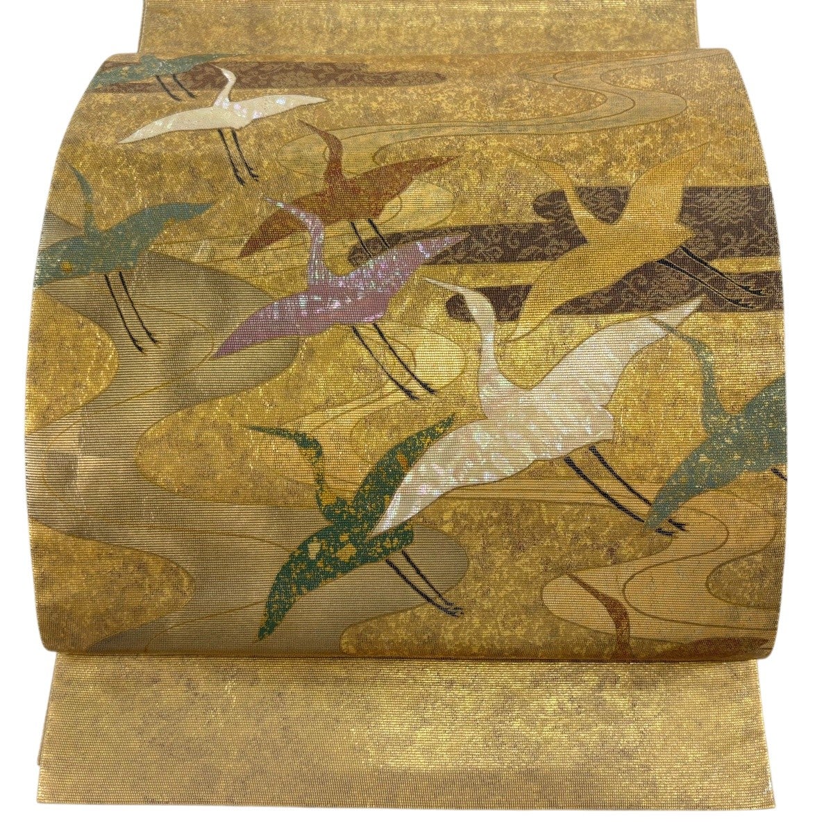 袋帯 秀品 牡丹 菊 箔 螺鈿 金色 お太鼓柄 正絹｜中古・古着