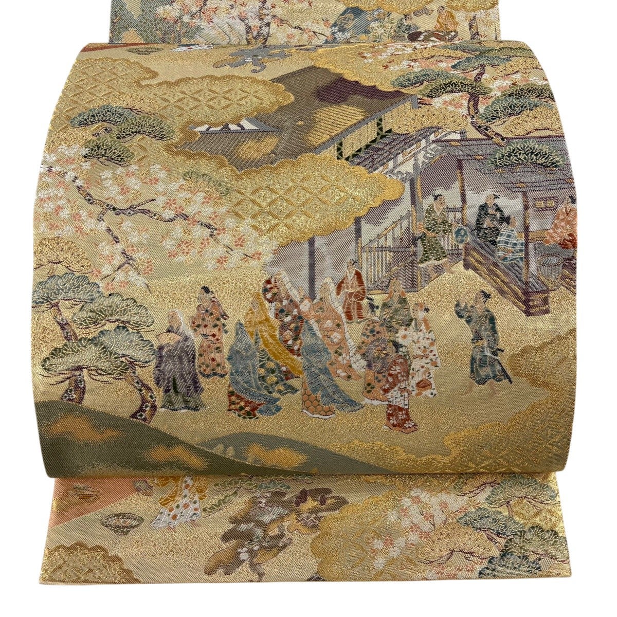 袋帯 秀品 本金箔 古都 建物 樹木 金糸 箔 金色 お太鼓柄 正絹｜中古