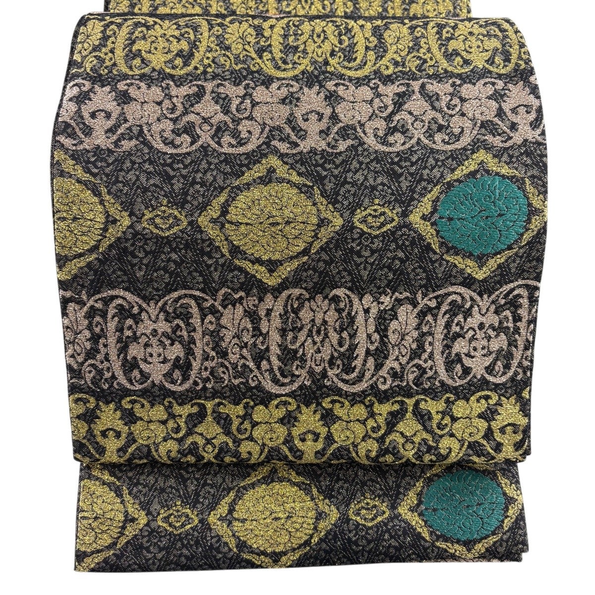 30%OFF 【美品】 袋帯 秀品 向かい鳥 段縞 金糸 灰緑 お太鼓柄 正絹