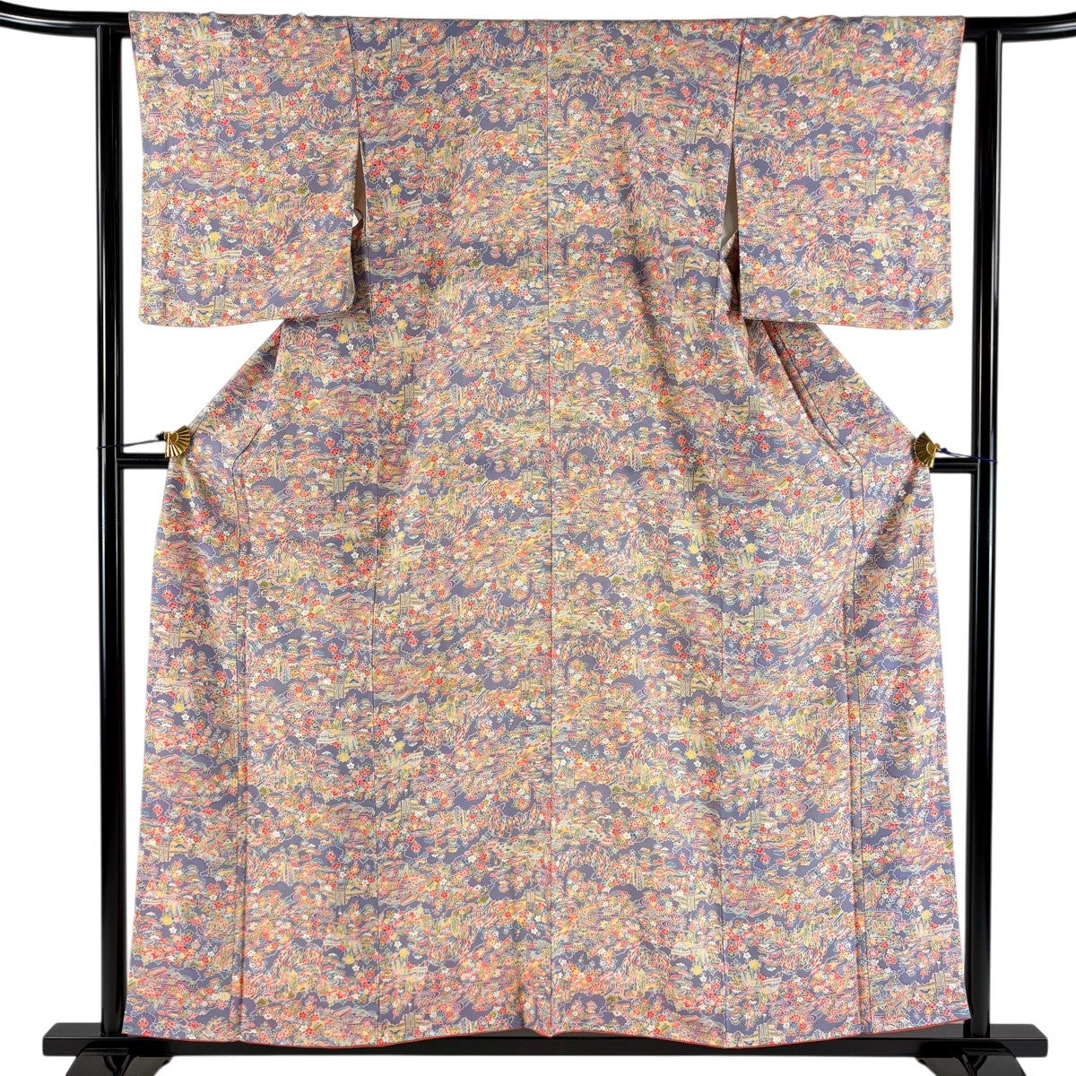 小紋 身丈158cm 裄丈63cm 正絹 逸品 【中古】 小紋 身丈158cm 裄丈62cm S 袷 柿本市郎 やまと 落款あり 菊 梅 小豆色