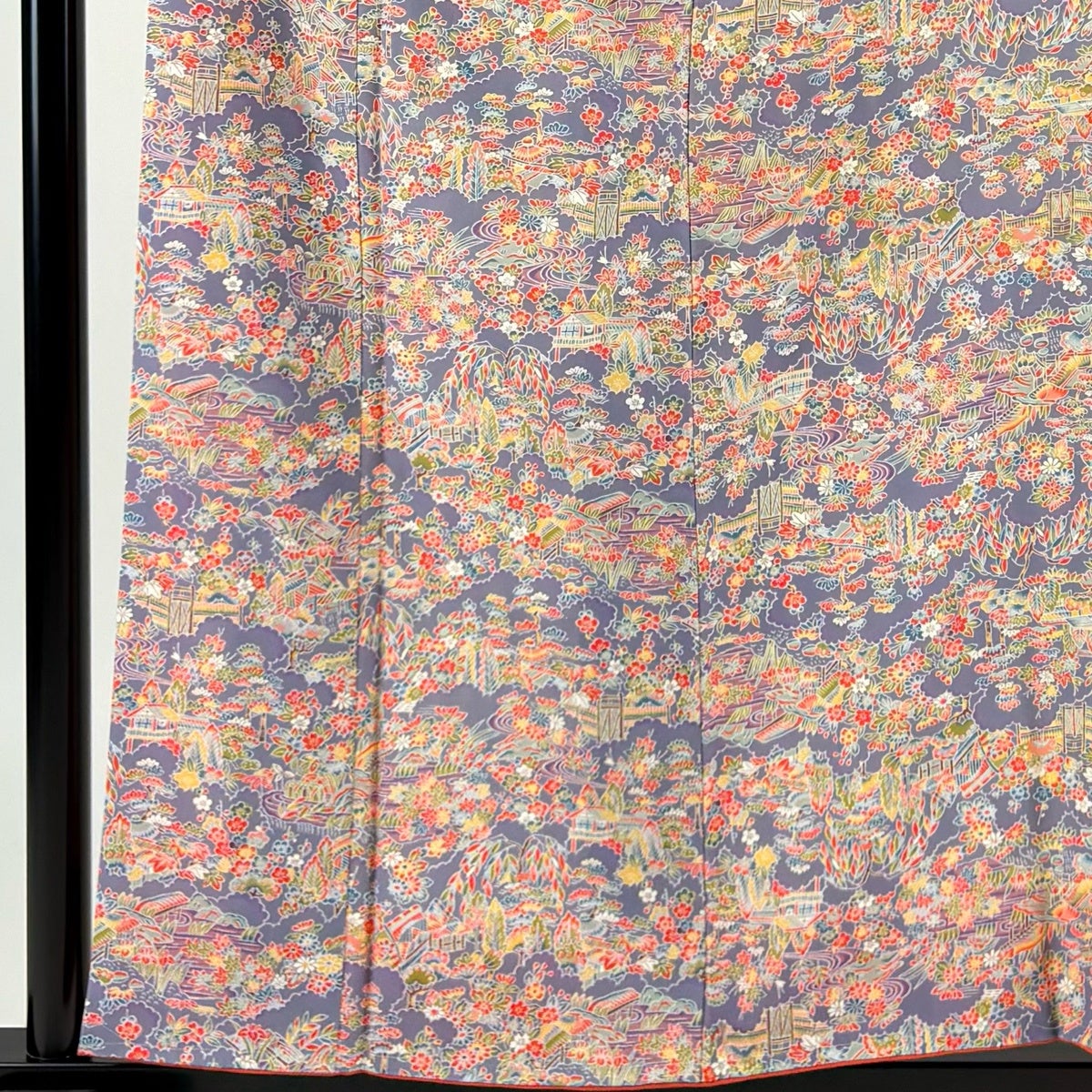 30%OFF 【美品】 小紋 身丈158cm 裄丈62cm S 袷 家屋 草花 灰紫 正絹
