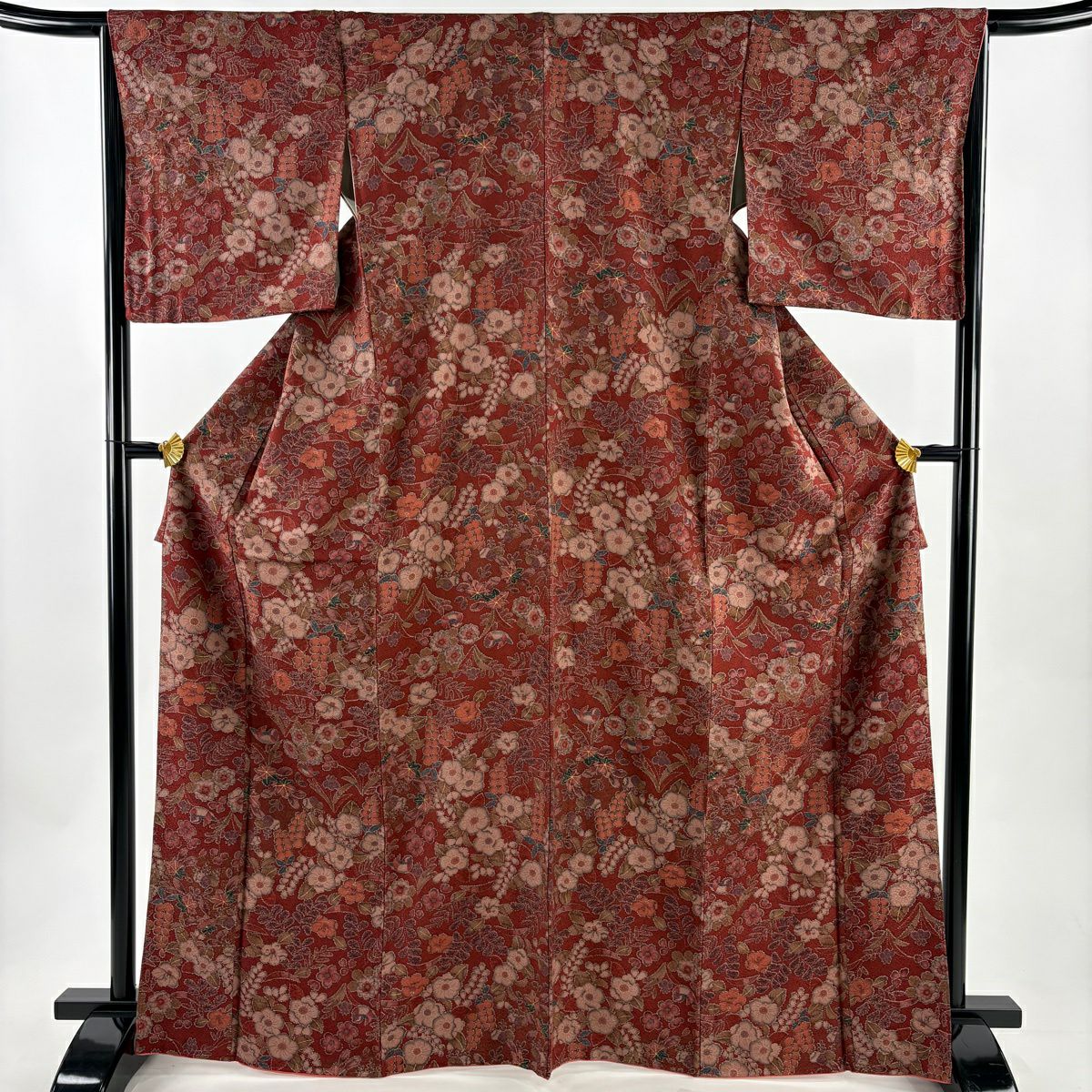 美品】 小紋 身丈162.5cm 裄丈65.5cm M 袷 格子柄 えんじ色 正絹 秀品