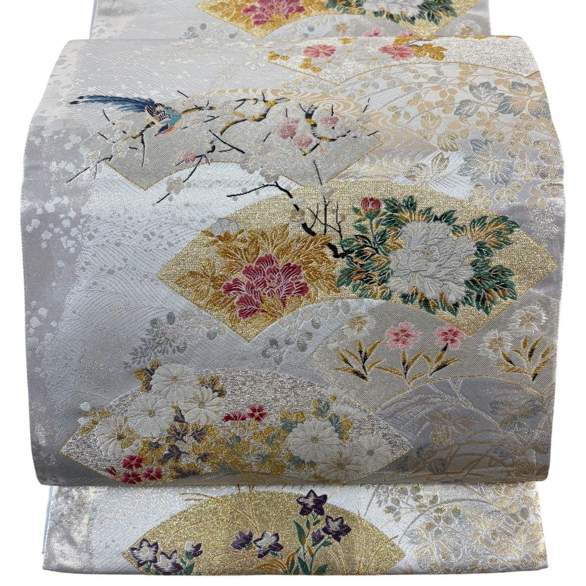 袋帯 秀品 扇面 花鳥 金銀糸 箔 銀色 六通 正絹｜中古・古着