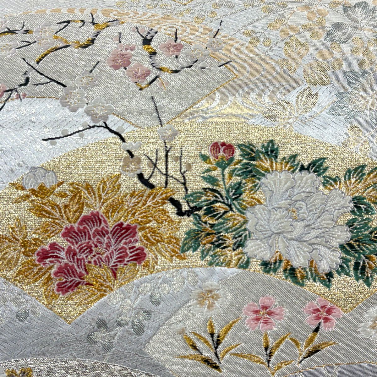 袋帯 秀品 扇面 花鳥 金銀糸 箔 銀色 六通 正絹｜中古・古着