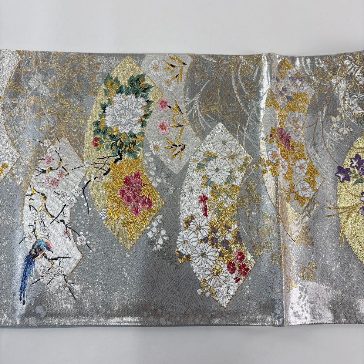 袋帯 秀品 扇面 花鳥 金銀糸 箔 銀色 六通 正絹｜中古・古着