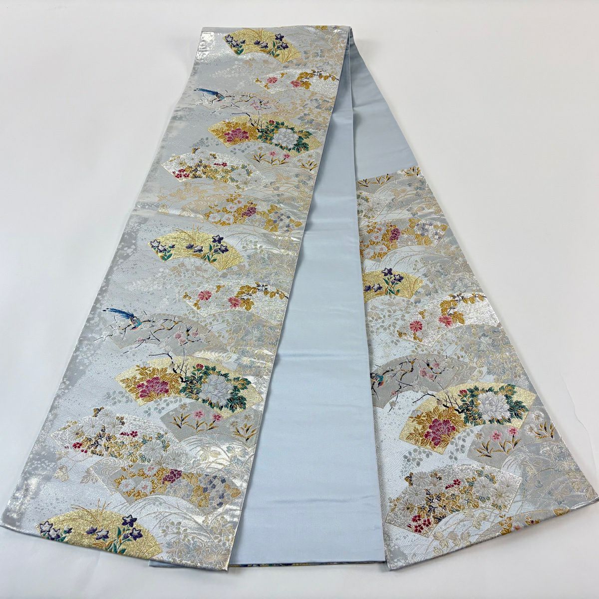 袋帯 秀品 扇面 花鳥 金銀糸 箔 銀色 六通 正絹｜中古・古着