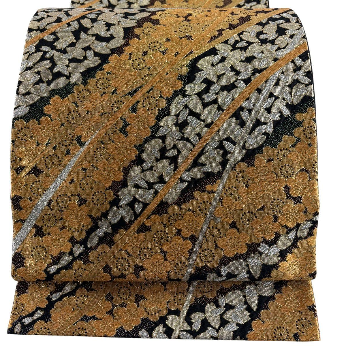 袋帯 京都 西陣 金糸 茶色 扇 菊 梅 椿 桜 楓 美品 中古 kp2139 袋帯 京都 西陣 加納幸 未使用 正絹 金箔糸 金糸 憲法黒茶色地 竹 霞
