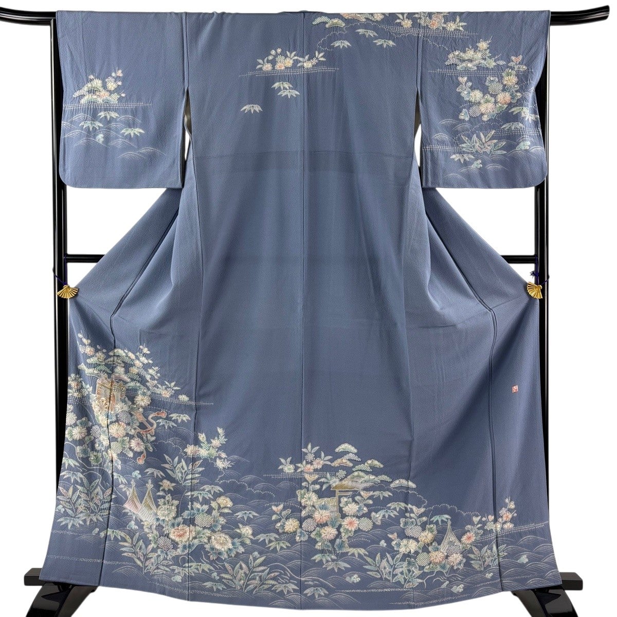 訪問着 身丈159.5cm 裄丈64.5cm M 袷 落款あり 華文 向かい鳥 螺鈿