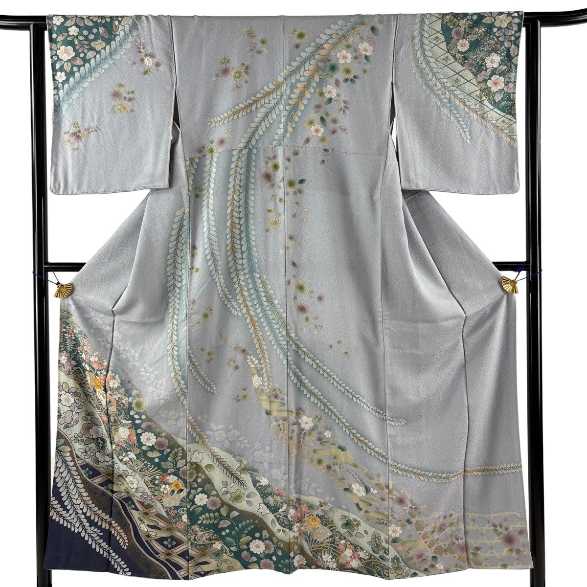 訪問着 身丈155cm 裄丈62.5cm S 袷 草花 槌車 金銀彩 染め分け 緑 正絹