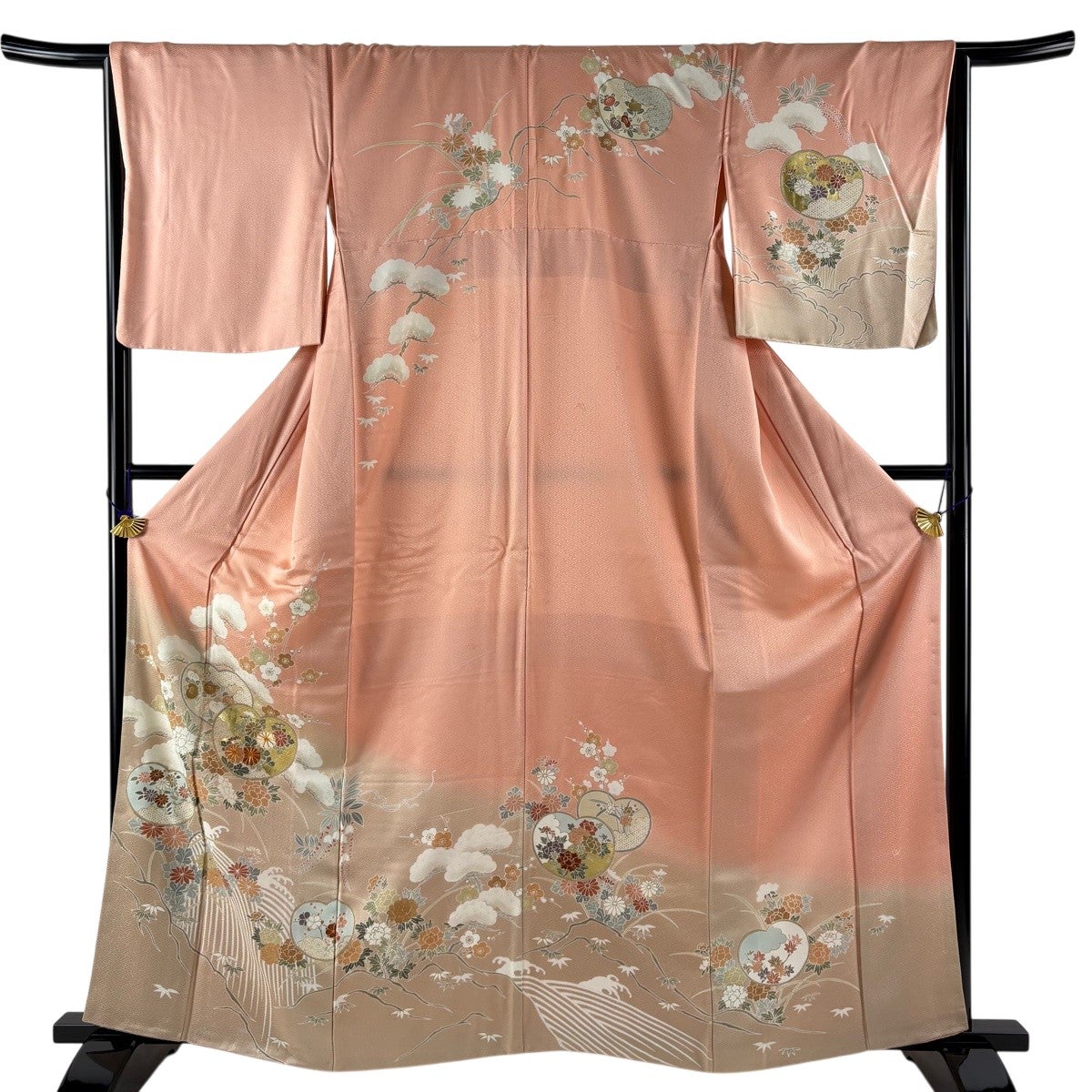 訪問着 身丈165.5cm 裄丈67cm M 袷 菊 枝垂れ桜 金彩 ぼかし サーモン