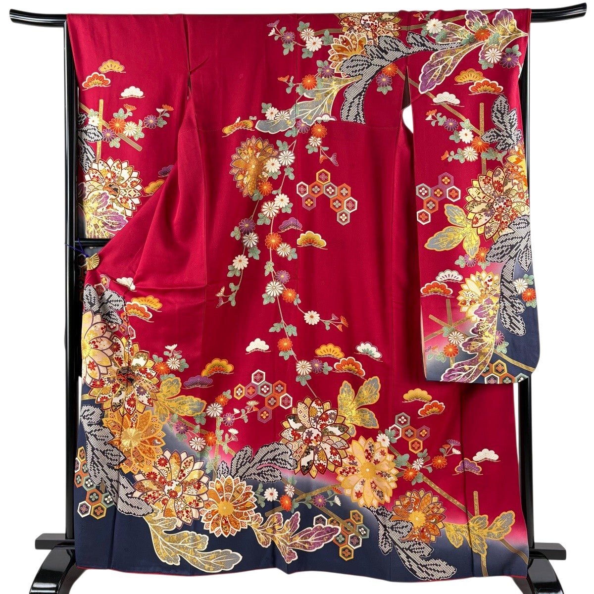 振袖 身丈163cm 裄丈65cm M 袷 笠松 草花 刺繍 絞り 緑 正絹 名品