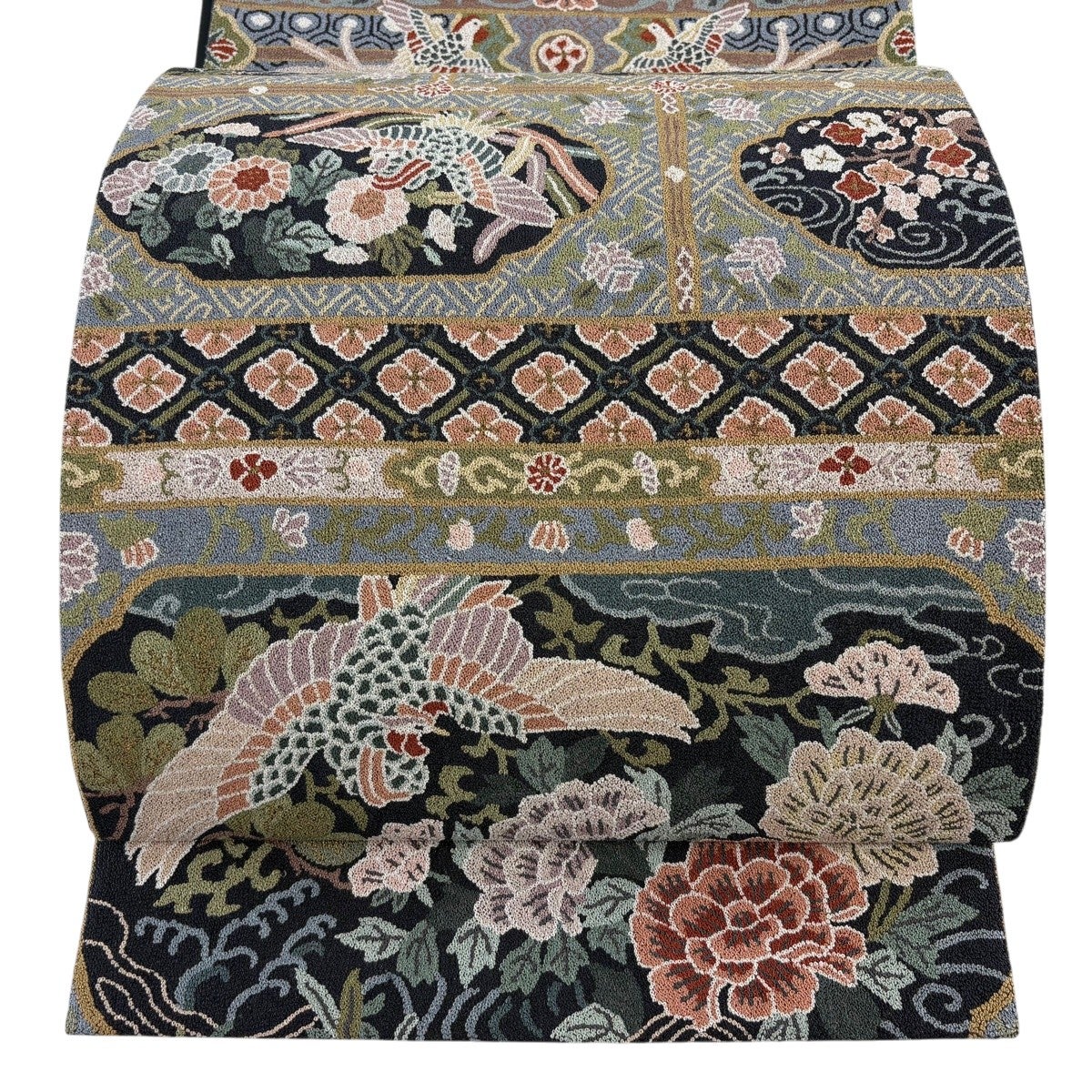 美品】 袋帯 逸品 違い棚 鳳凰 相良刺繍 金糸 青灰色 六通 正絹｜中古