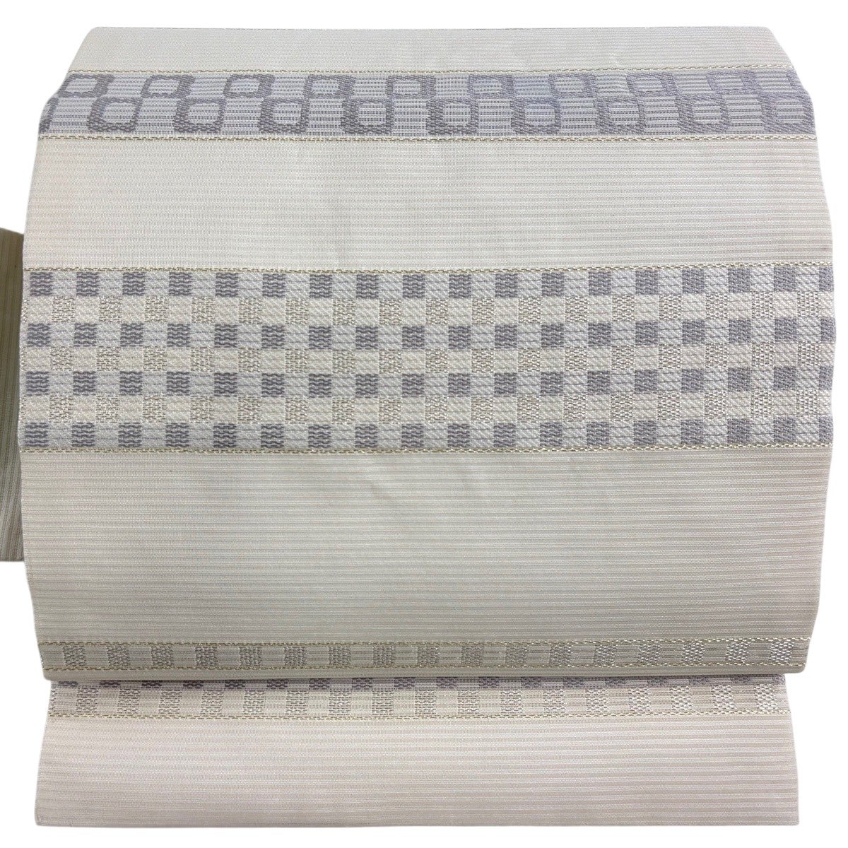 名古屋帯 名品 夏帯 絽 段縞 格子 金銀糸 クリーム 正絹｜中古・古着