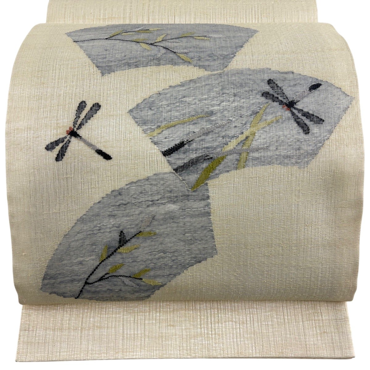 美品】 名古屋帯 名品 夏帯 トンボ 葉柄 銀糸 クリーム 正絹｜中古