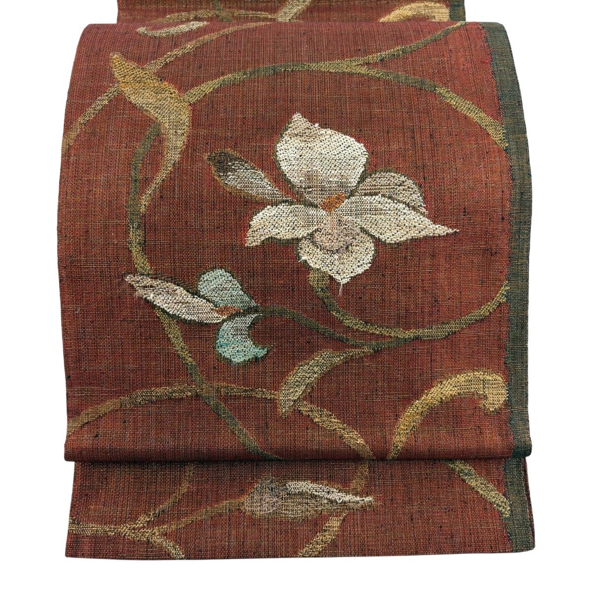 美品】 名古屋帯 秀品 八寸名古屋帯 幾何学 金糸 赤茶 正絹｜中古