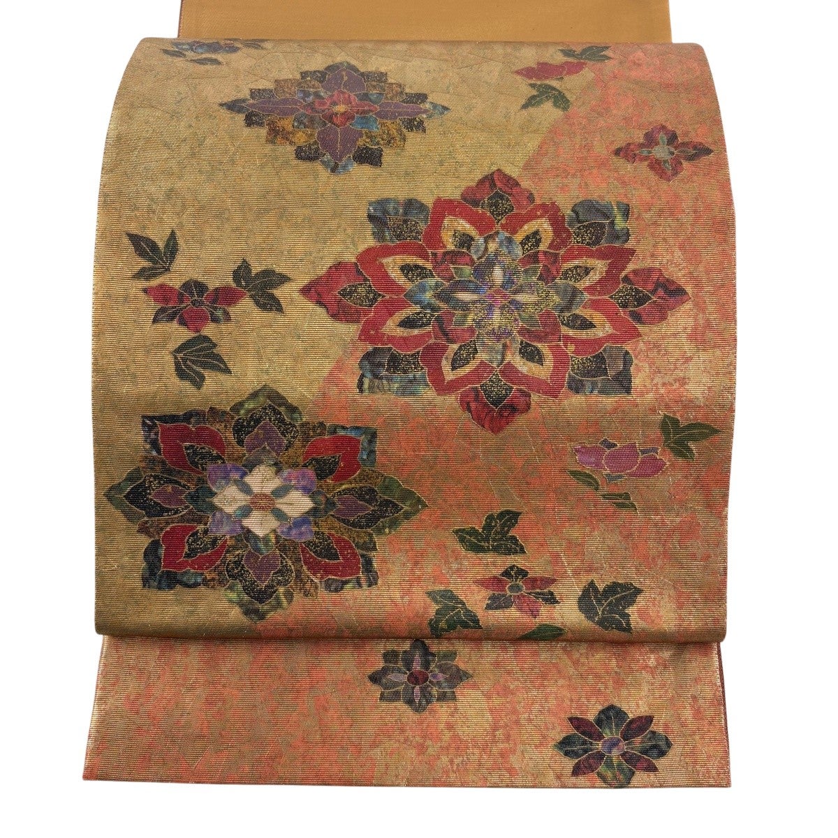 美品】 袋帯 秀品 草花 松 螺鈿箔 箔 灰緑 お太鼓柄 正絹｜中古・古着