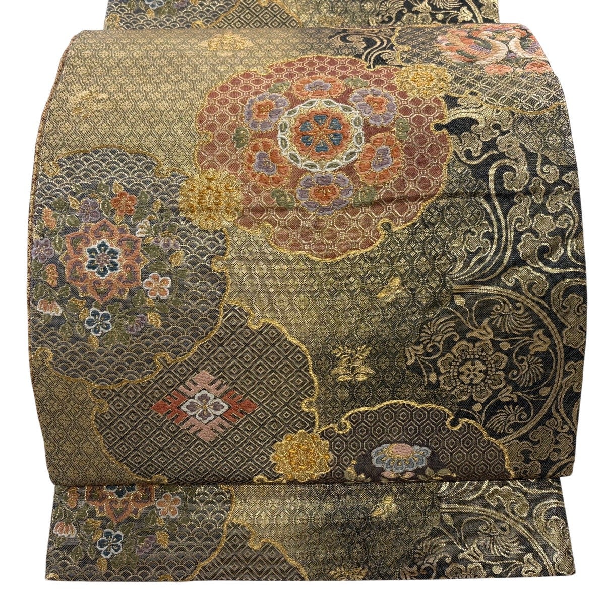 名古屋帯 名品 紬地 雪輪 七宝 刺し子刺繍 ベージュ 正絹｜中古・古着