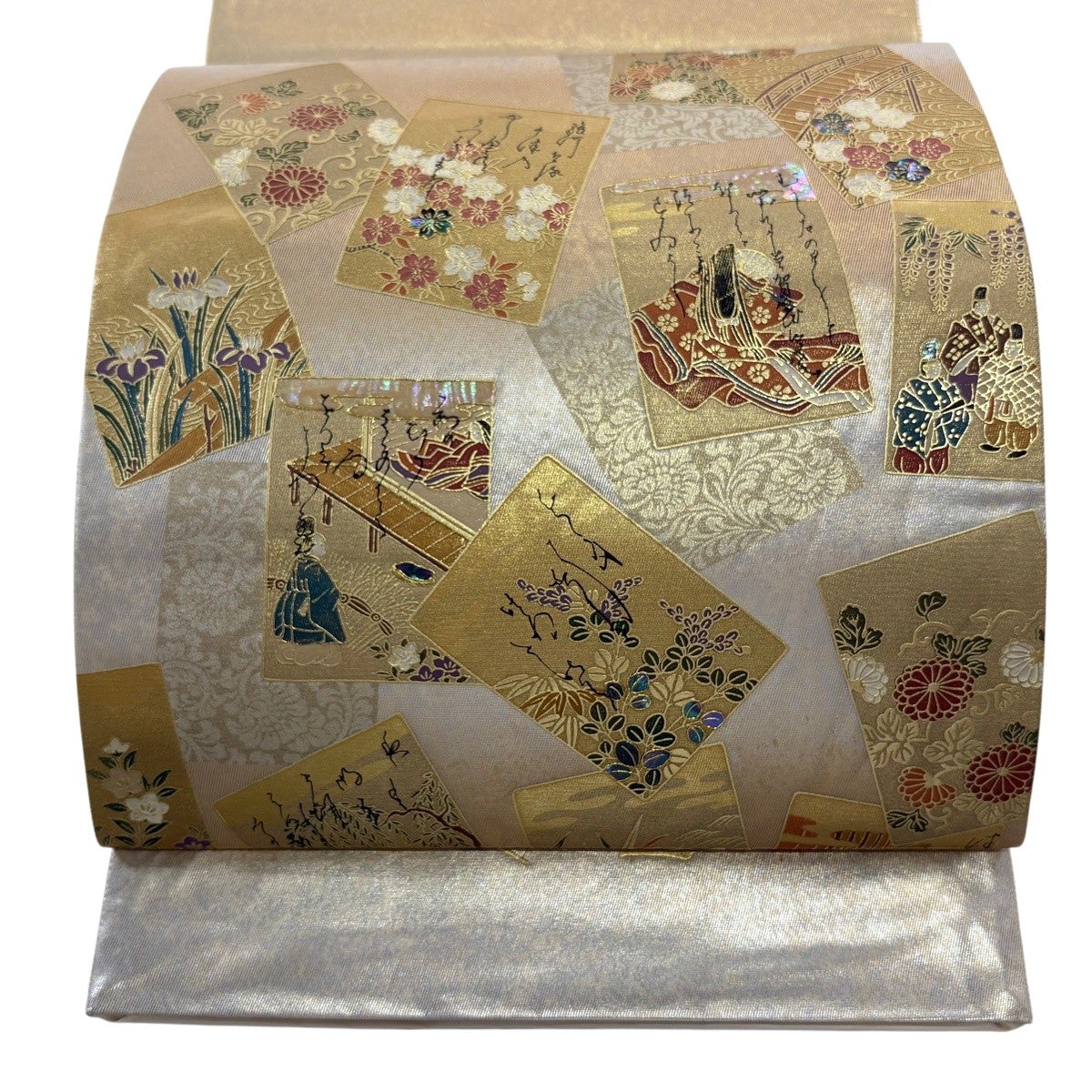 美品】 袋帯 秀品 梅松 鳥 金彩 螺鈿螺 金茶 お太鼓柄 正絹｜中古