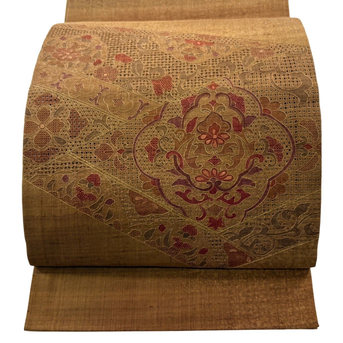 袋帯 蘇州刺繍 スワトウ刺繍 花唐草文様 正絹 茶色 お太鼓柄 カジュアル 仕立て上がり 着物帯 長さ432cm 【キモノオフ野々市若松店】 袋帯 未使用 フォーマル 正絹 手刺繍 蘇州刺繍 引箔地 金色地 菊 草花