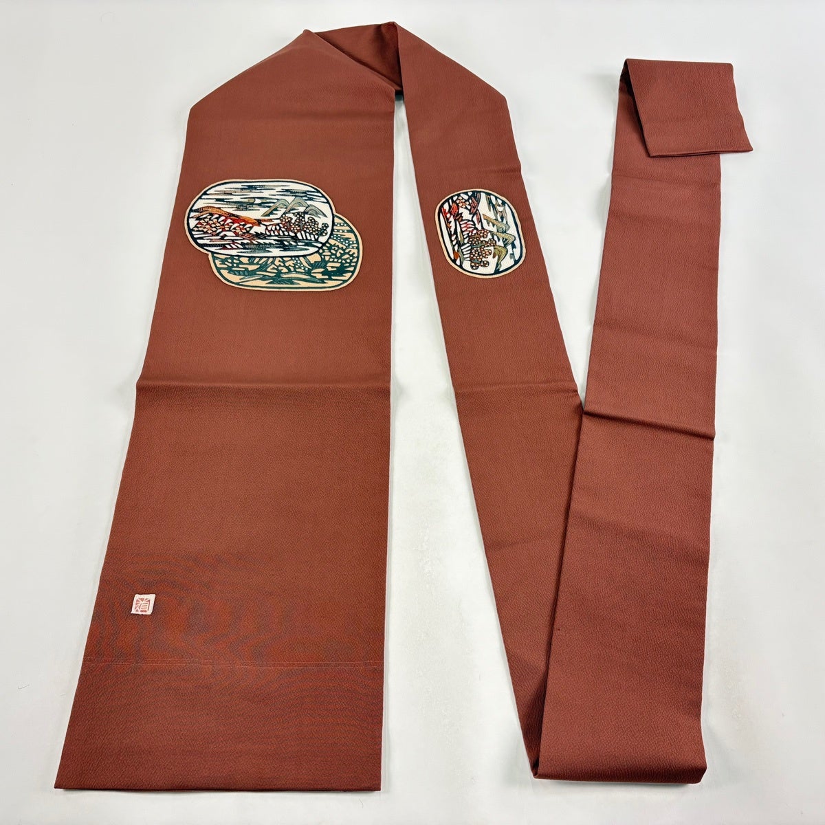 美品】 名古屋帯 名品 落款あり 山並み 樹木 茶色 正絹｜中古・古着