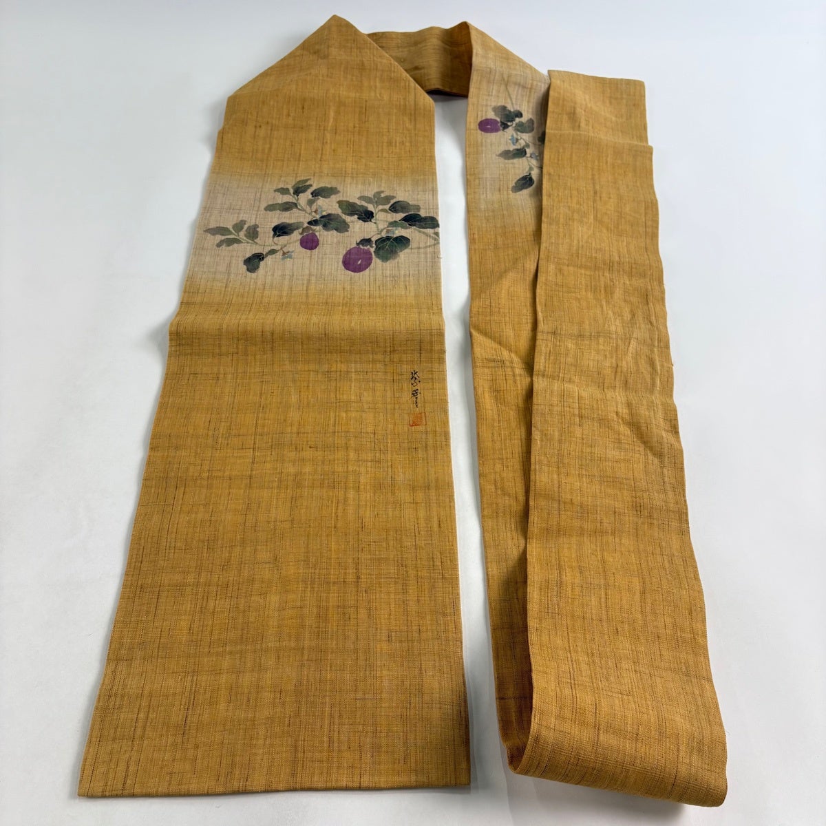名古屋帯 名品 落款あり 夏帯 茄子 金彩 ぼかし 山吹茶色 麻｜中古