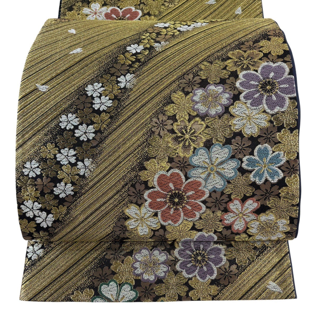 袋帯 秀品 桜 斜縞 金糸 箔 金色 六通 正絹｜中古・古着・リサイクル