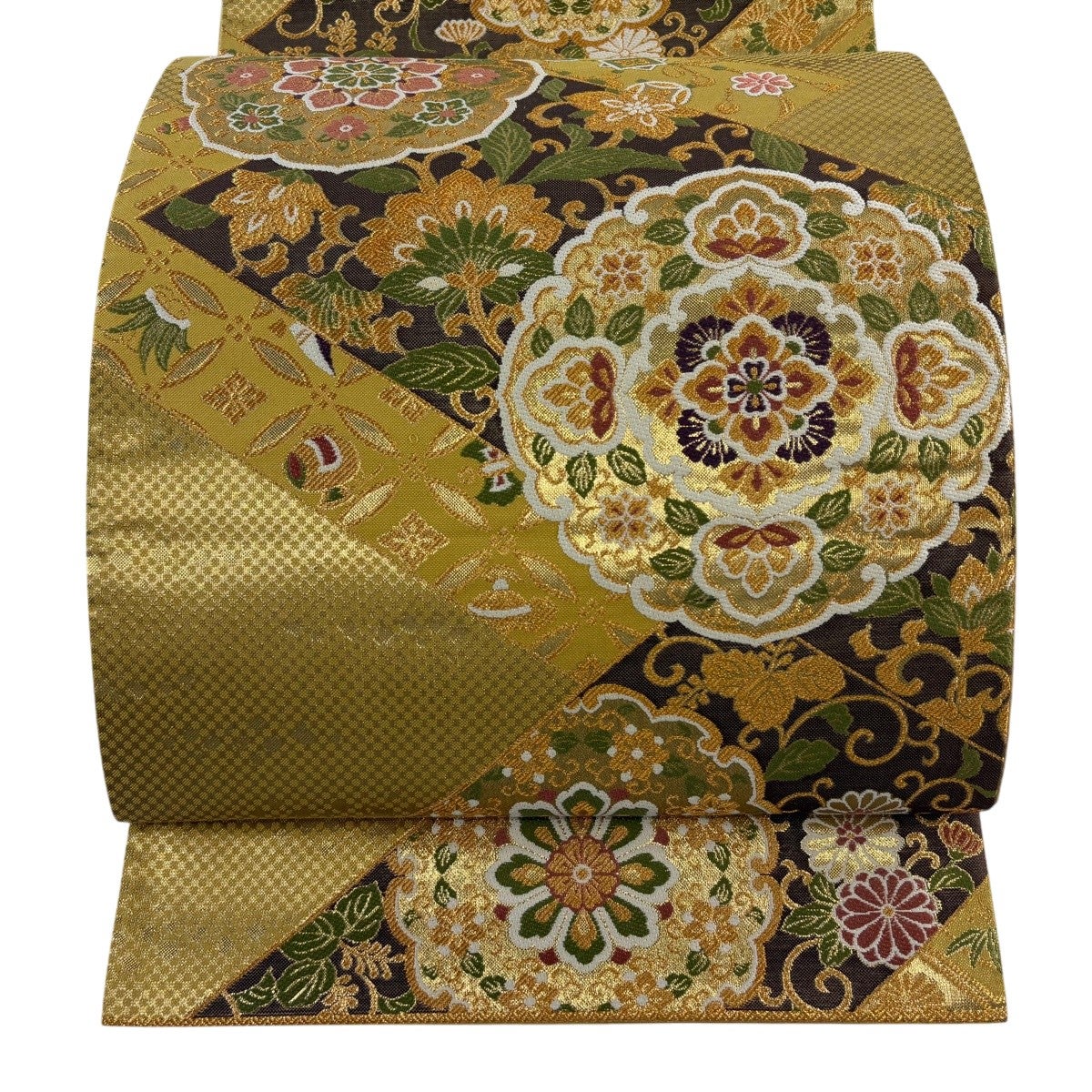 袋帯 秀品 色紙重風華文 花唐草 金糸 箔 金色 六通 正絹｜中古・古着