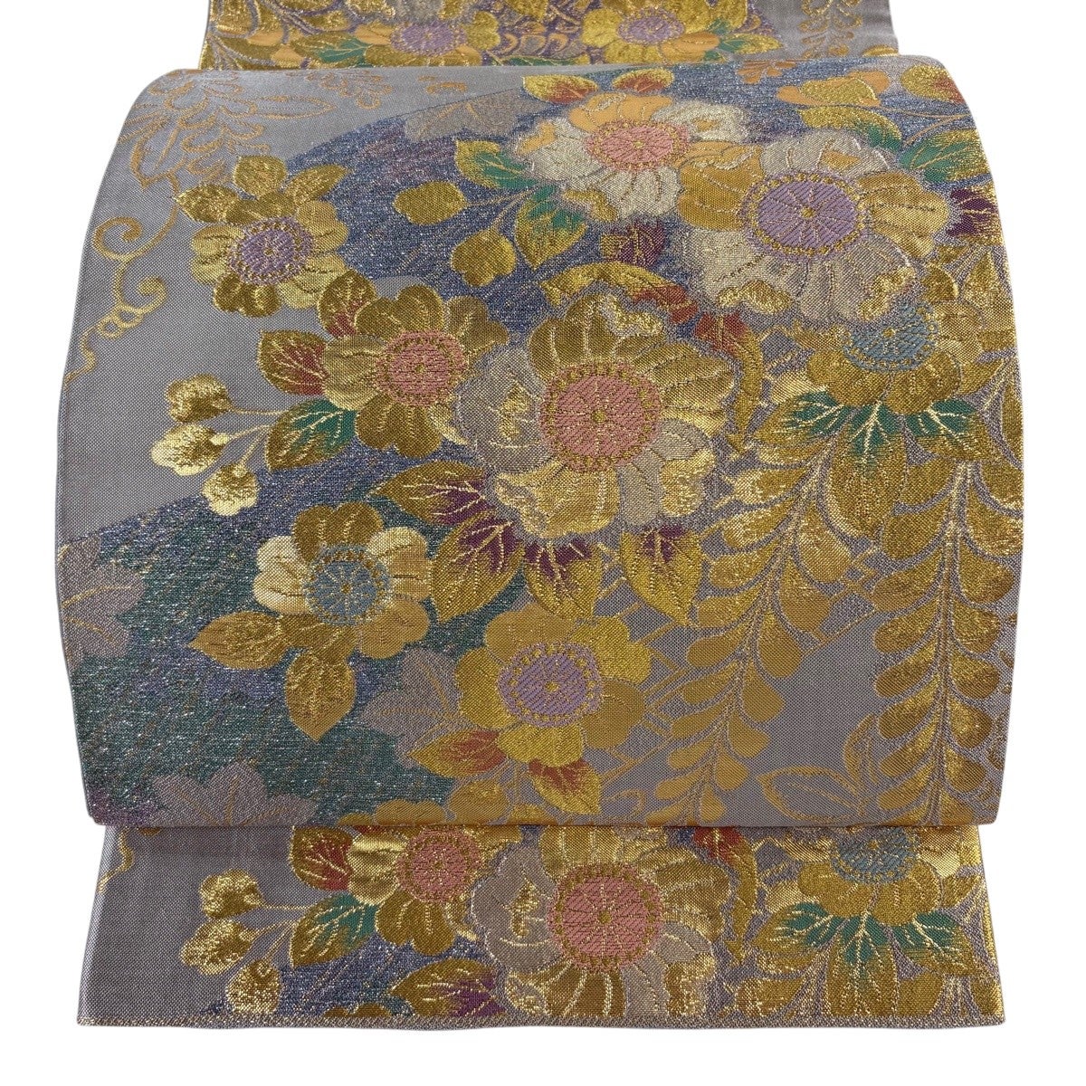 美品】 袋帯 秀品 振袖向き 辻が花柄 草花 金銀糸 箔 灰色 六通 正絹