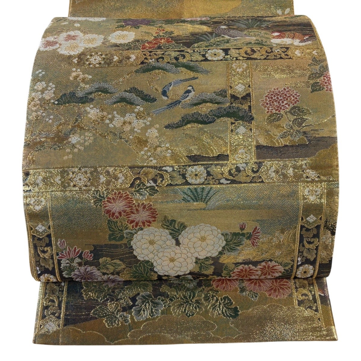 袋帯 逸品 花鳥 華文 金糸 綴れ ベージュ お太鼓柄 正絹｜中古・古着