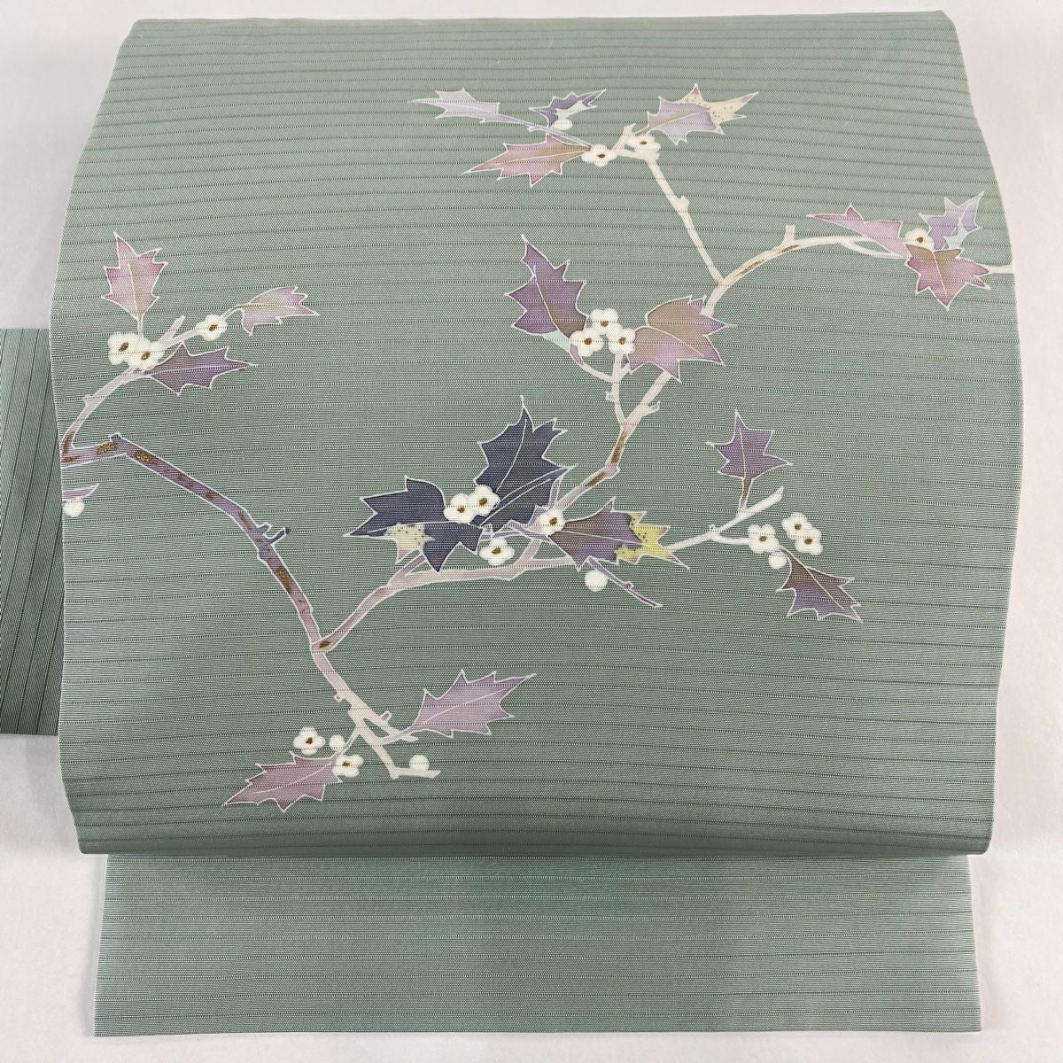名古屋帯 名品 落款あり 夏帯 絽 枝花 金彩 灰緑 正絹｜中古・古着