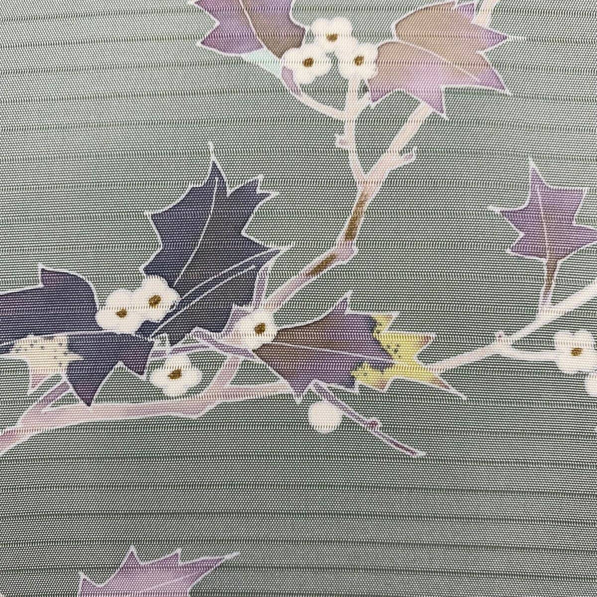 名古屋帯 名品 落款あり 夏帯 絽 枝花 金彩 灰緑 正絹｜中古・古着