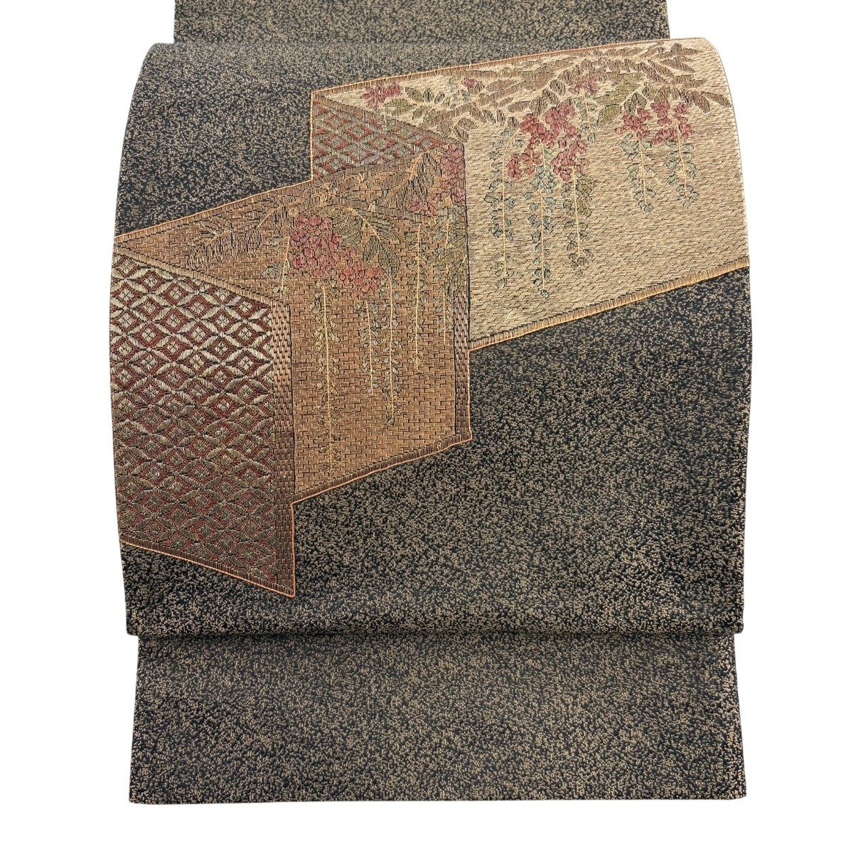 美品】 袋帯 秀品 縞 幾何学模様 金糸 灰色 お太鼓柄 正絹｜中古・古着