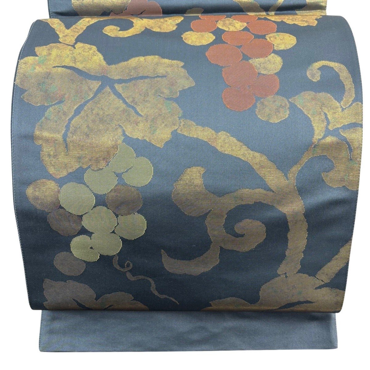 美品】 袋帯 秀品 葡萄唐草 華文 金銀糸 箔 青灰色 六通 正絹｜中古