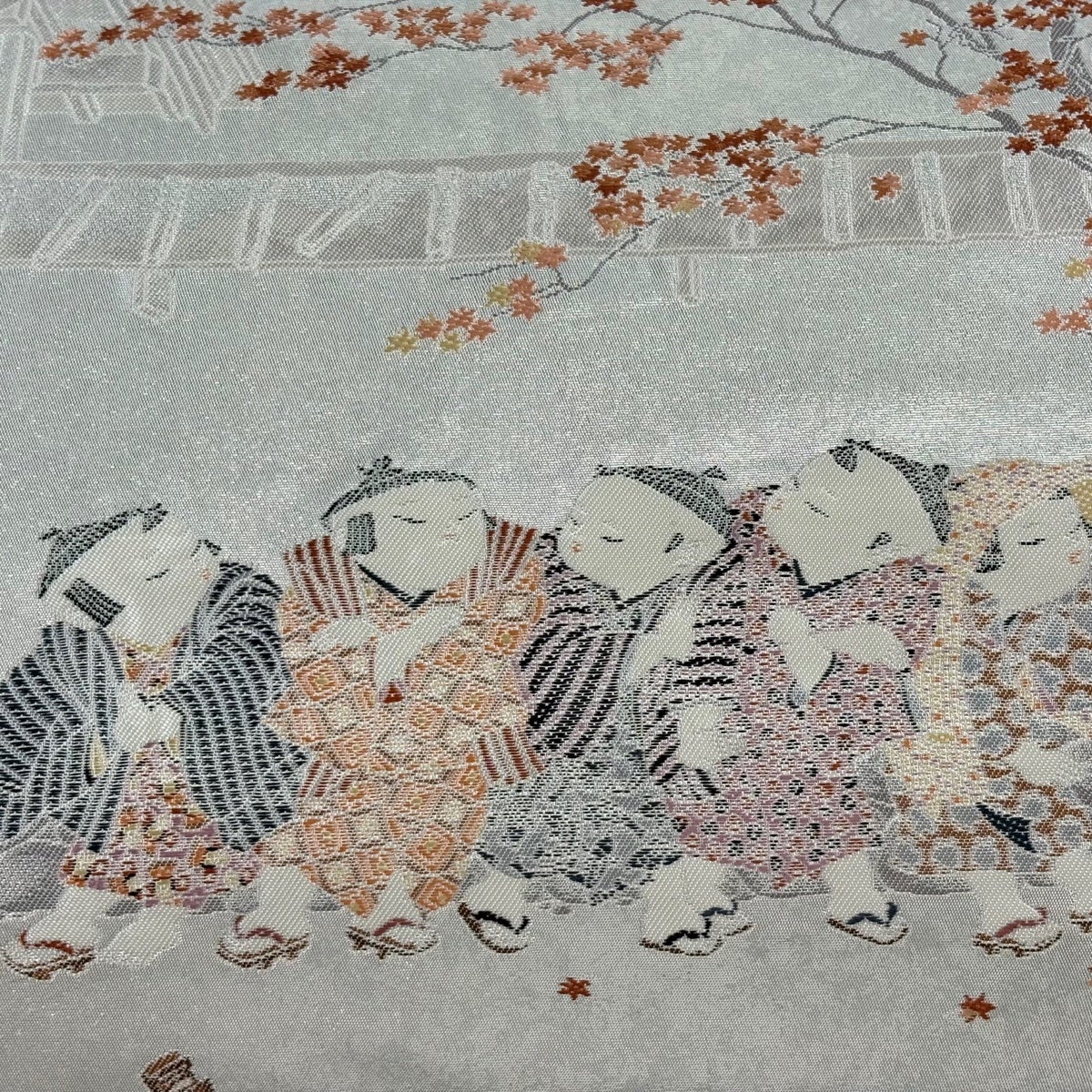 袋帯 逸品 長嶋成織物 落款あり 瀞銀錦 城下町 由水十久 童 紅葉 箔