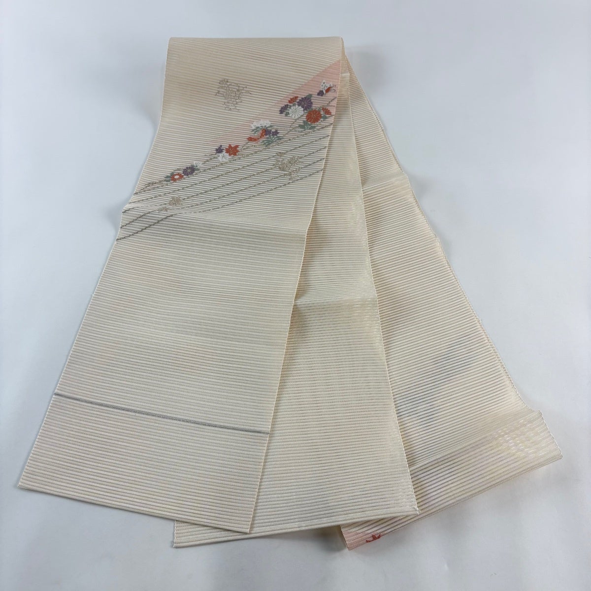 名古屋帯 秀品 夏帯 絽 八寸名古屋帯 草花 蝶 金糸 ベージュ 正絹