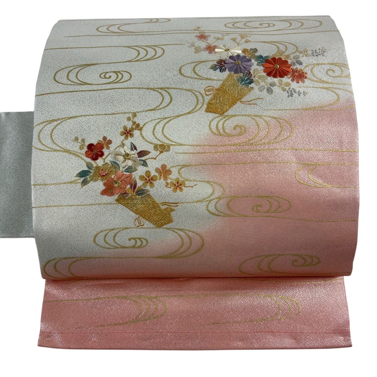 AA39未着用袋帯 大太鼓 夏帯 金彩糸　銀通 花柄 美品 正絹 袋帯 秀品 落款あり 観世水 市松 金銀彩 銀色 お太鼓柄 正絹｜中古