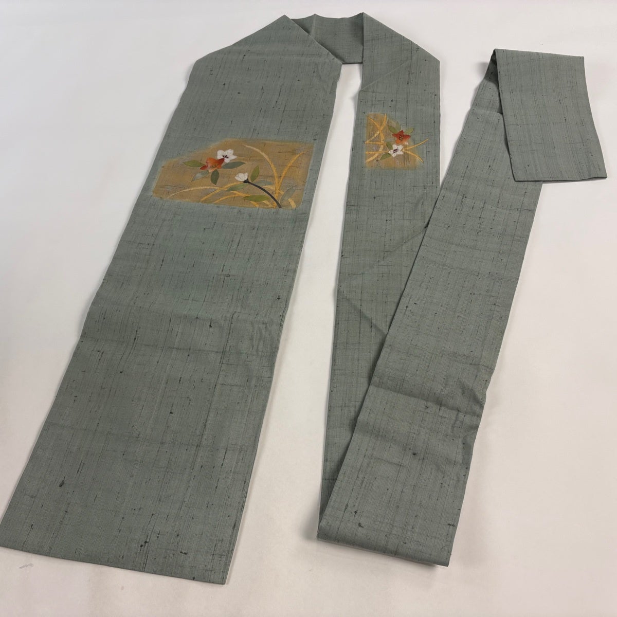 名古屋帯 秀品 紬地 桔梗 芝 金銀彩 灰緑 正絹｜中古・古着
