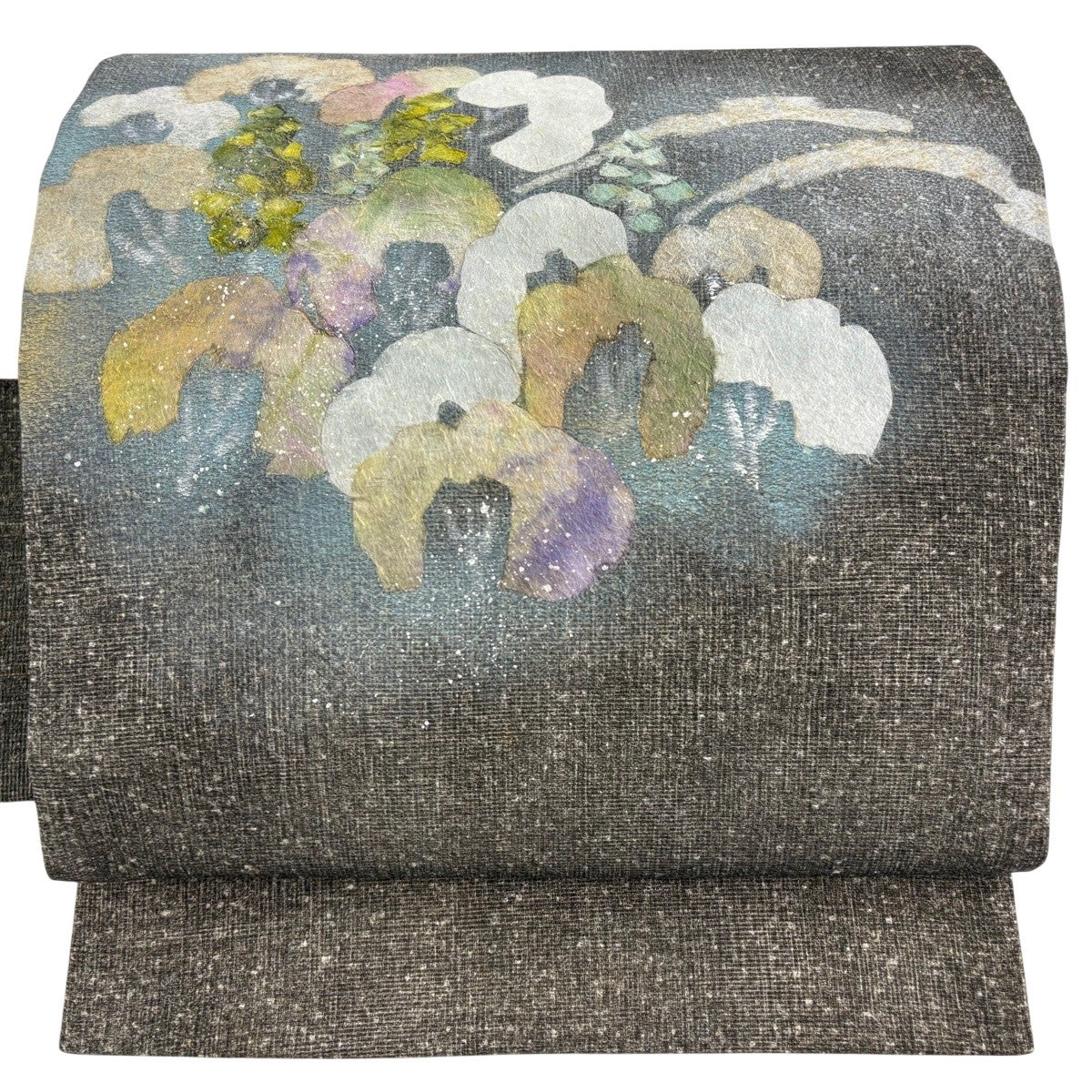 美品】 名古屋帯 秀品 落款あり 草花 黒灰 正絹｜中古・古着